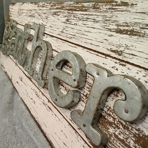 Gather Sign For Home Decor White Rustic Farmhouse Wood‎ w/ Metal Lettering - Picture 7 of 8